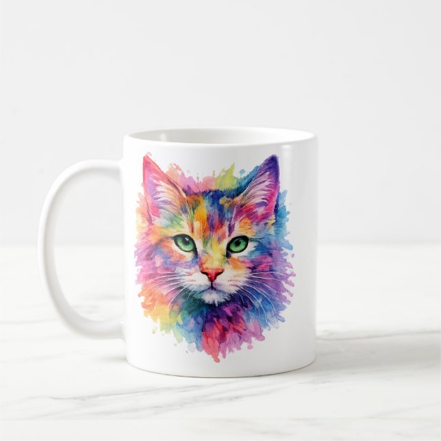 Aquarell Regenbogen Katze Tasse – Wildtier Edition (Links)
