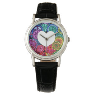 Aquarell-Regenbogen-Mandala mit Herzen Armbanduhr