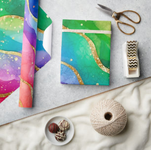 Aquarell-Regenbogen und Gold-Glitter-Alkohol-Tinte Geschenkpapier