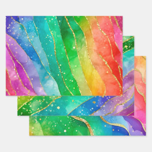 Aquarell-Regenbogen und Gold-Glitter-Alkohol-Tinte Geschenkpapier Set