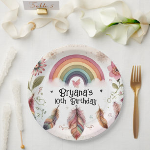 Aquarell Regenbogen Vogel & Federn Boho Geburtstag Pappteller