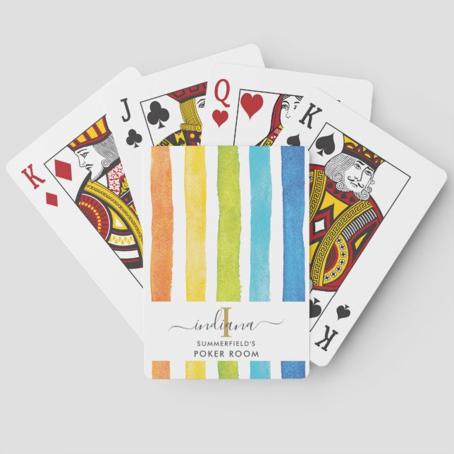 Aquarell-Regenbogenstreifen Monogramm-Schrift Spielkarten (Rückseite)