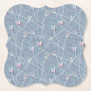 Aquarell-Relief-Schmetterlinge auf Denimblauem Lei Untersetzer