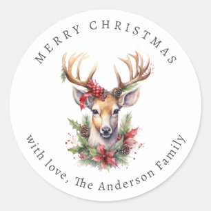 Aquarell-Rentier-Botanik-Weihnachten Runder Aufkleber