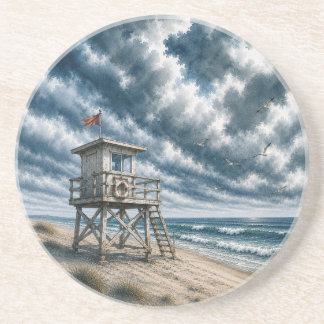 Aquarell-Rettungsschwimmbadturm am Küstenstrand Getränkeuntersetzer