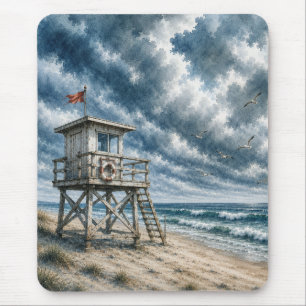 Aquarell-Rettungsturm am Küstenstrand Mousepad