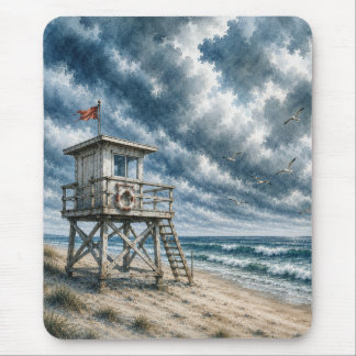 Aquarell-Rettungsturm am Küstenstrand Mousepad