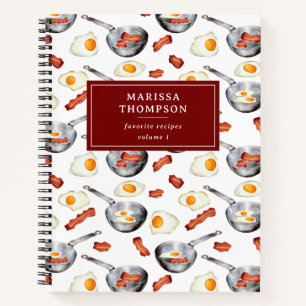 Aquarell-Rezept für Frühstück mit Bacon und Eiern Notizbuch