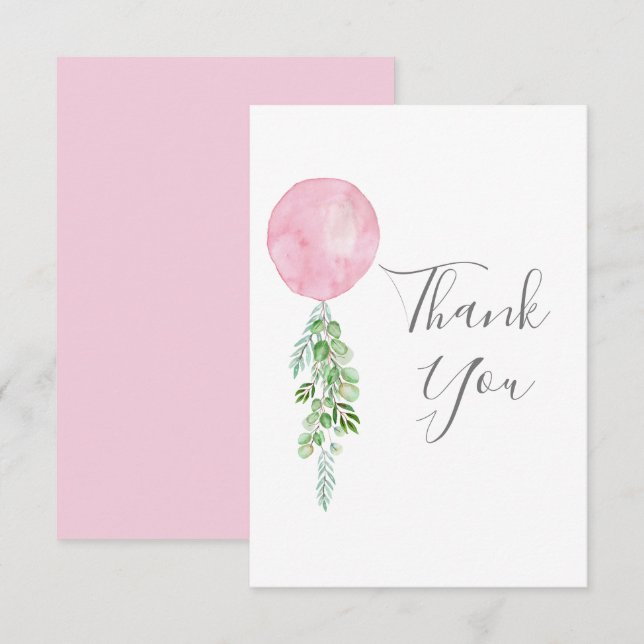 Aquarell Rosa Ballon Eukalyptus Grüne Dankeskarte (Vorne/Hinten)
