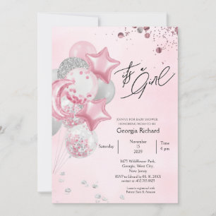 Aquarell-Rosa-Balloons It's A Girl Baby-Shower Einladung