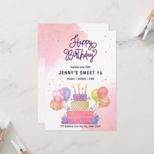 Aquarell Rosa Balloons Sweet 16 Birthday Einladung