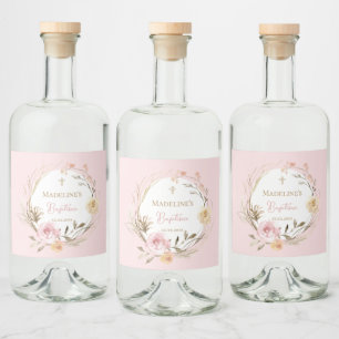 Aquarell rosa beigefarbene Blumen Taufe Alkoholflaschenetikett
