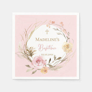 Aquarell rosa beigefarbene Blumen Taufe Serviette