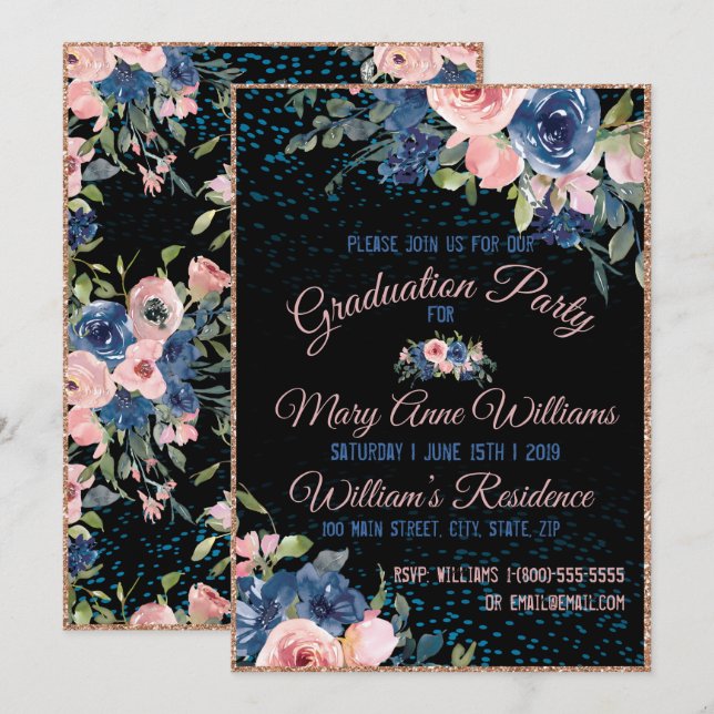 Aquarell Rosa Blau Elegante Abschluss Einladung (Vorne/Hinten)