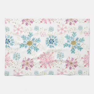 Aquarell Rosa, Blau & Gold Winter-Schneeflocken Geschirrtuch