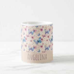 Aquarell-Rosa-Blau-Schmetterlingsmustername Kaffeetasse