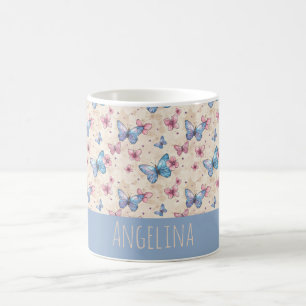 Aquarell-Rosa-Blau-Schmetterlingsmustername Kaffeetasse