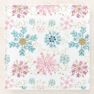 Aquarell Rosa, Blau und Gold Winter-Schneeflocken Glasuntersetzer