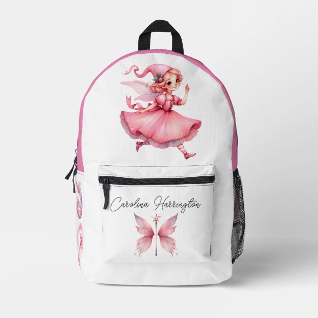 Aquarell Rosa Blume Fairy Butterfly Pilz Bedruckter Rucksack (Vorderseite)