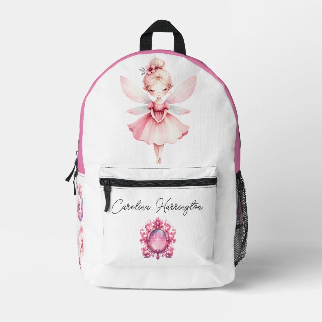 Aquarell Rosa Blume Fairy Pink Mirror Mushroom Bedruckter Rucksack (Vorderseite)