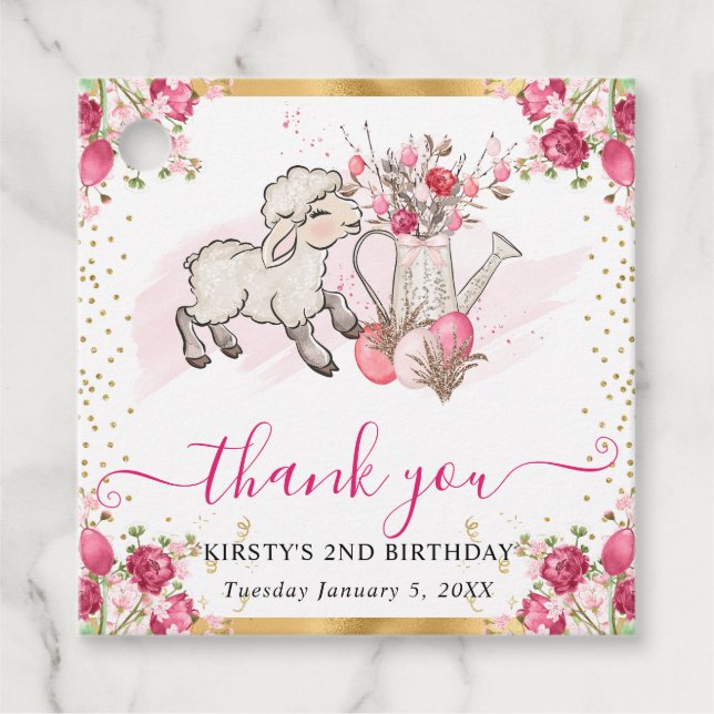 Aquarell Rosa Blume Frühling Lamm Geburtstag Geschenkanhänger (Vorderseite)