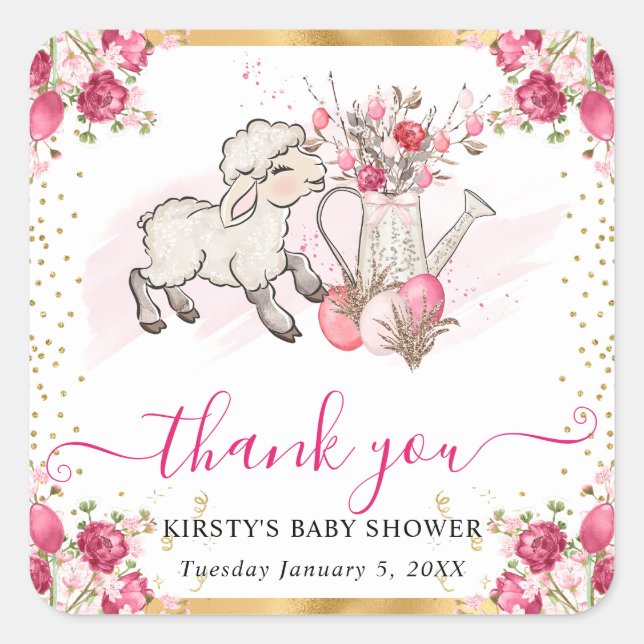 Aquarell Rosa Blume Frühlingslamm Babydusche Quadratischer Aufkleber (Vorderseite)