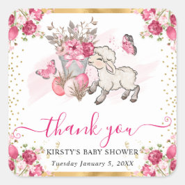 Aquarell Rosa Blume Frühlingslamm Babydusche Quadratischer Aufkleber