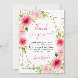 Aquarell Rosa Blume Goldrahmen Sweet 16 Dankeskarte