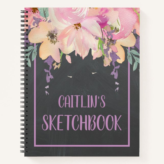 Aquarell Rosa Blume Personalisiert Sketchbook Notizbuch (Vorderseite)