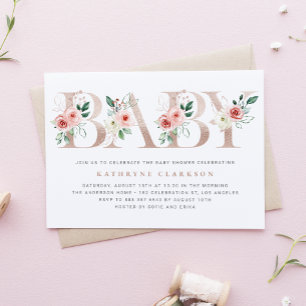 Aquarell Rosa Blume Rose Gold Kinderdusche Einladung