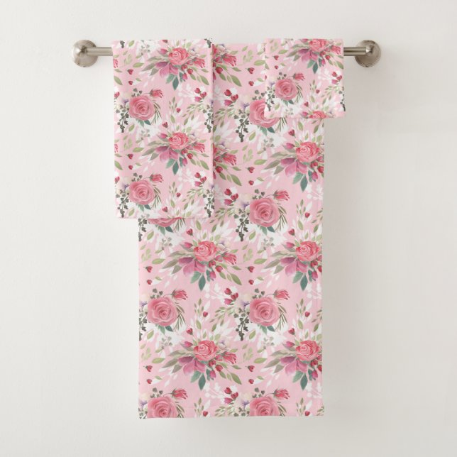 Aquarell-rosa Blumen Badhandtuch Set (Insitu)