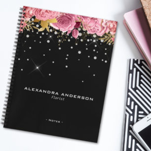 Aquarell-Rosa-Blumen-Blumen-Diamant-Glitter Notizbuch