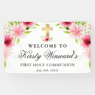 Aquarell-Rosa-Blumen Erste Heilige Kommunion Banner