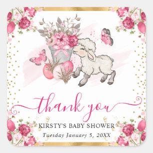 Aquarell Rosa Blumen Frühlingslamm Babyparty Quadratischer Aufkleber