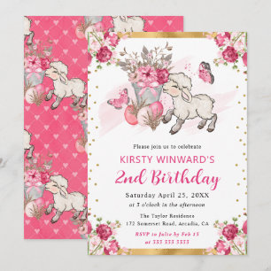 Aquarell rosa Blumen Frühlingslamm Geburtstag Einladung