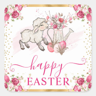 Aquarell Rosa Blumen Frühlingslamm Ostern Quadratischer Aufkleber