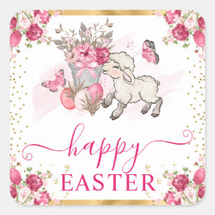 Aquarell Rosa Blumen Frühlingslamm Ostern Quadratischer Aufkleber