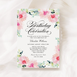 Aquarell Rosa Blumen Geburtstag Einladung