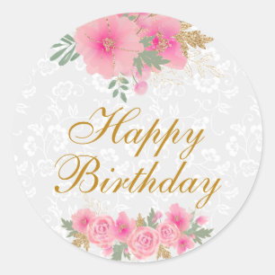 Aquarell Rosa Blumen Goldfolie Alles Gute zum Gebu Runder Aufkleber