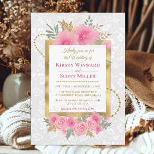 Aquarell-Rosa-Blumen-Goldfolie-Glitter-Hochzeit Einladung