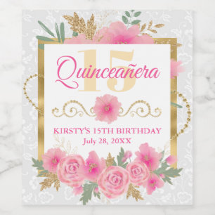 Aquarell-Rosa-Blumen & Goldfolie Quinceañera Weinetikett