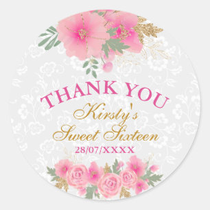 Aquarell-Rosa-Blumen-Goldfolie Sweet 16 Runder Aufkleber