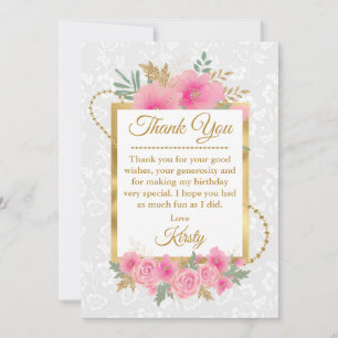 Aquarell-Rosa-Blumen-Goldfolie-Sweet-Sixteen Dankeskarte