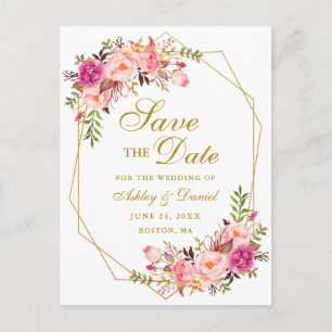 Aquarell-Rosa-Blumen-Goldrahmen Save-the-Date Ankündigungspostkarte