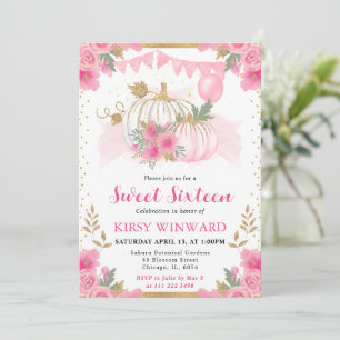 Aquarell-Rosa-Blumen-Herbst-Kürbis-Sweet 16 Einladung