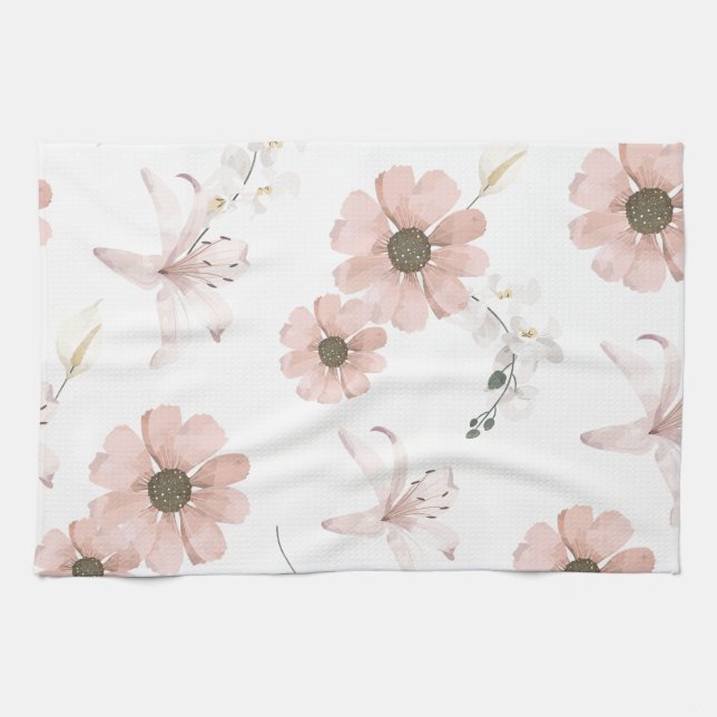 Aquarell-Rosa-Blumen-Kunst Geschirrtuch (Horizontal)