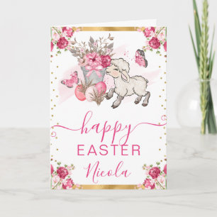 Aquarell Rosa Blumen Lamm Frohe Ostern Karte