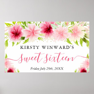 Aquarell Rosa Blumen Sweet Sixteen Willkommen Poster