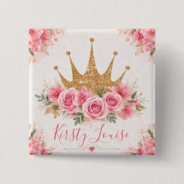 Aquarell-Rosa-Blumen und goldene Tiara Button (Vorderseite)