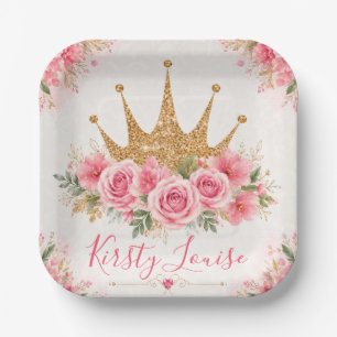 Aquarell-Rosa-Blumen und goldene Tiara Pappteller